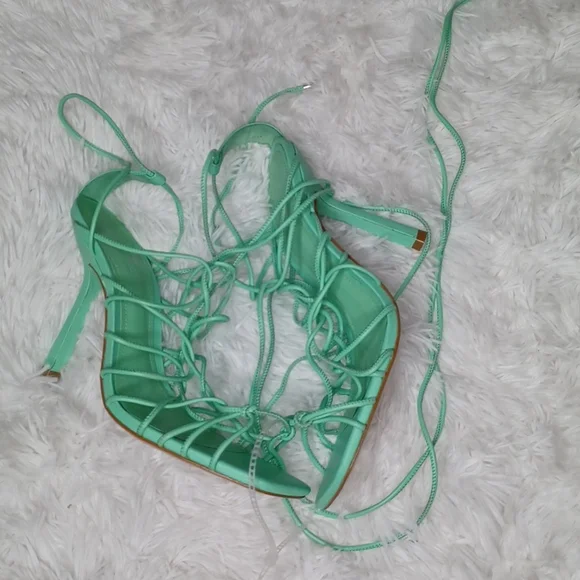 SCHUTZ Heyde Nappa Leather Heeled Strappy Lace Up Sandal Mint Green NEW Size 9.5 - Picture 3 of 10